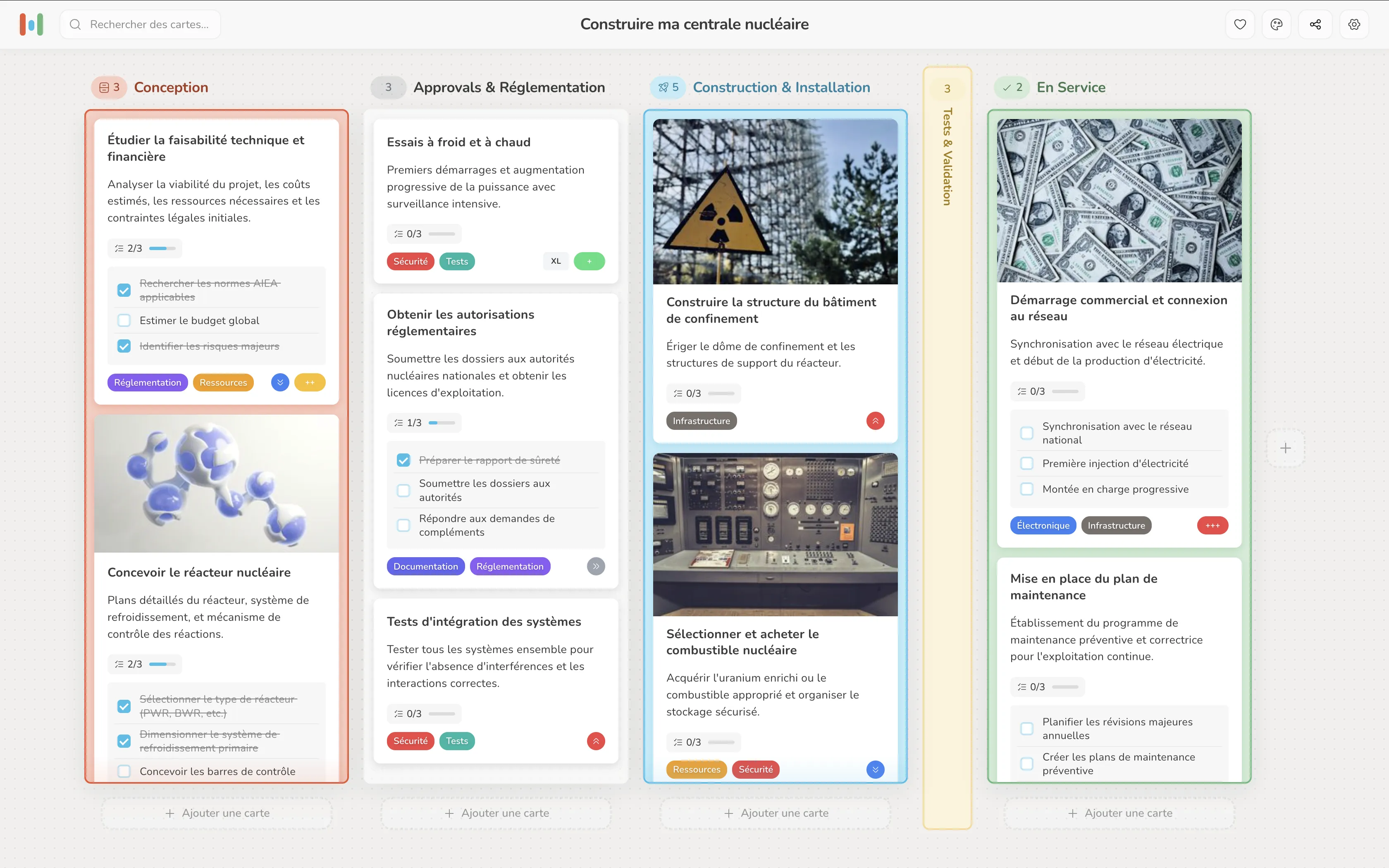 Vue d'un tableau Kanban avec colonnes et cartes