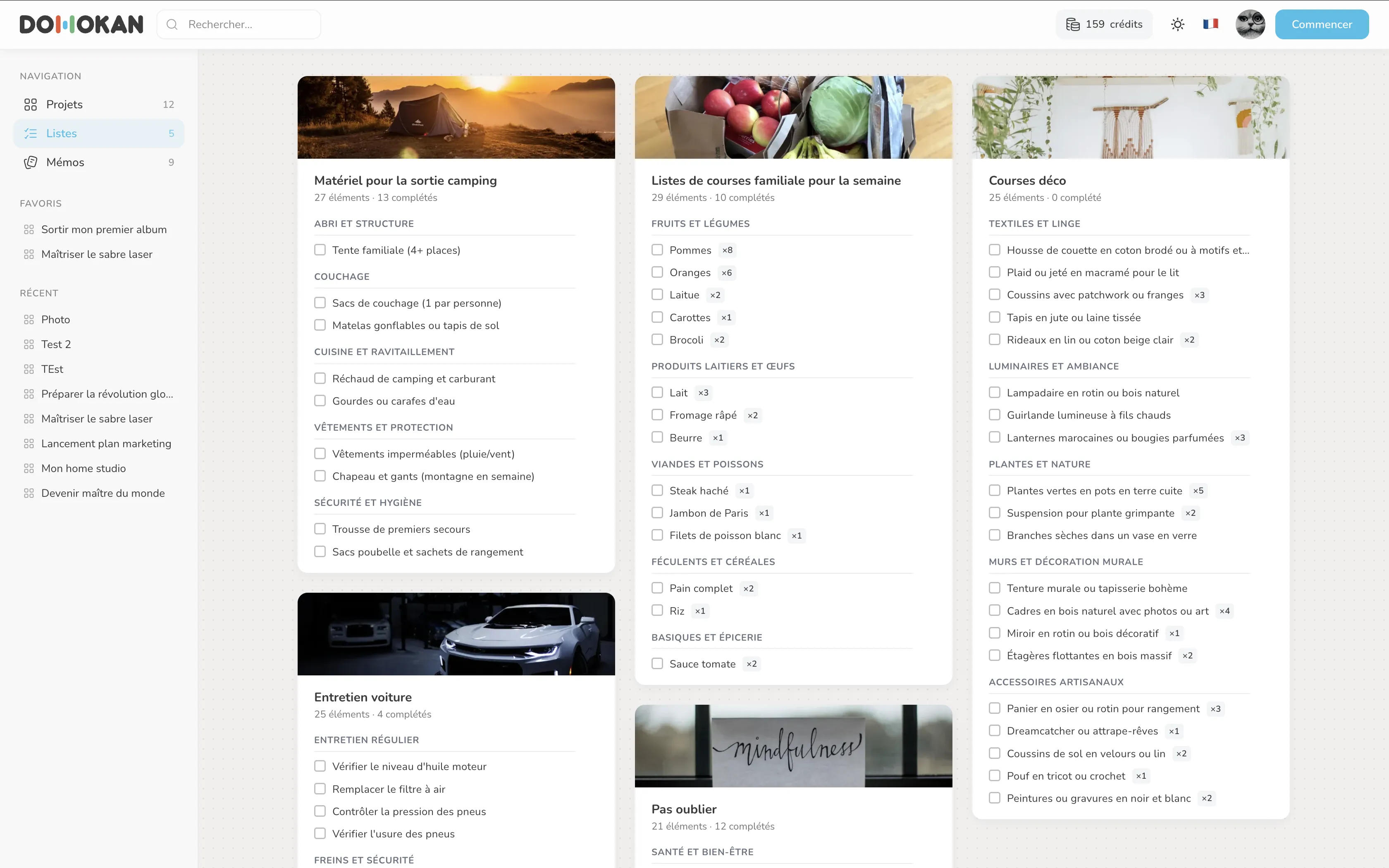 Vue de la liste des listes dans Domokan