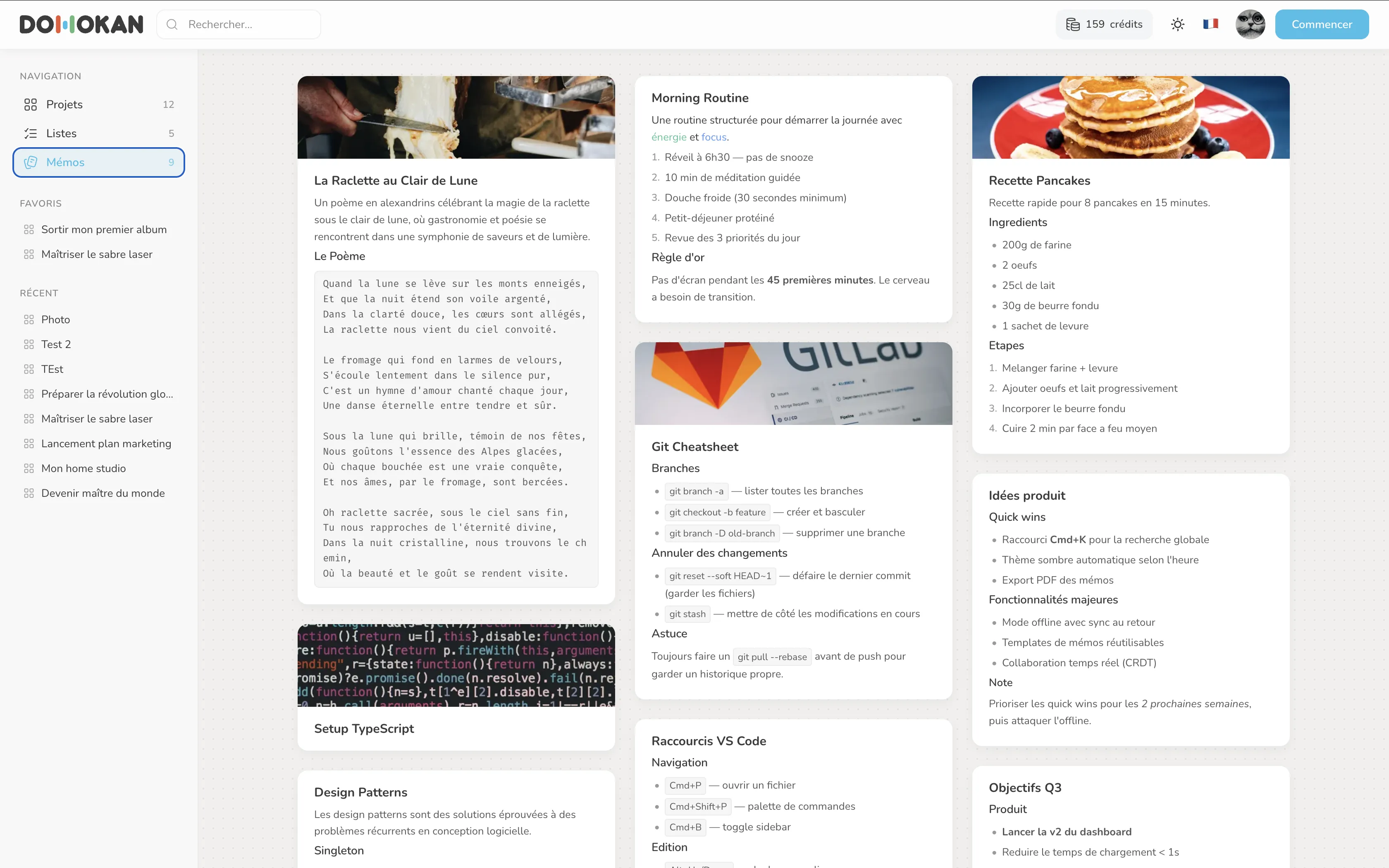 Vue de la liste des mémos dans Domokan